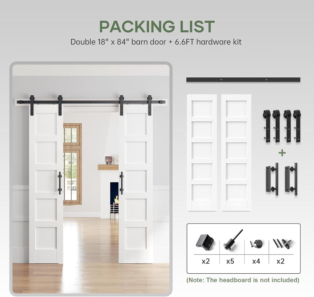 Double 18×84 Inch White Sliding Barn Door Slab with 6.6ft Hardware Kit Included, 5-Panel, MDF Wood P