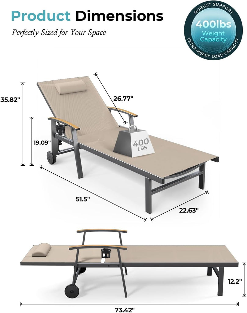 Outdoor Lounge Chair with Pillow Set of 2, 5-Position Aluminum Chaise Lounge with Wheels & Armrests, 400 lbs Heavy