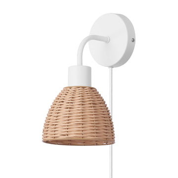 Briar 1-Light Plug-in or Hardwire Wall Sconce, Matte White, Rattan Shade, 6ft White Braided Fabric Designer Cord