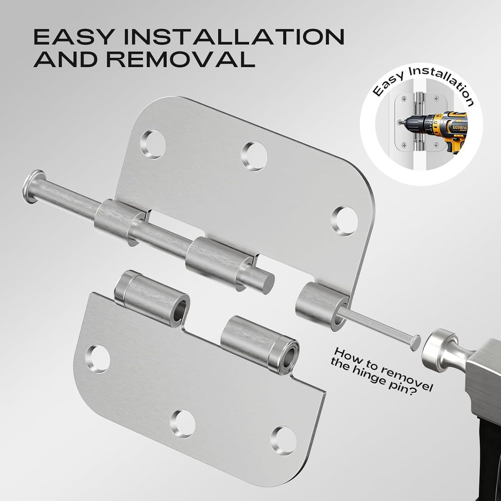 Brushed Nickel Door Hinges 12 Pack 3.5 Inch 5/8" Radius Round Satin Nickel Interior Ball Bearing Hinges with 5/8"