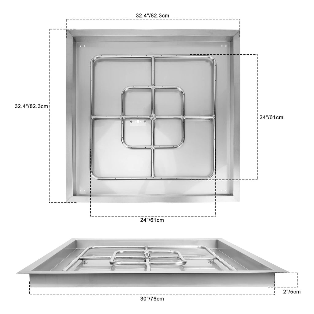 30" Square Fire Pit Flat Pan with Burner Ring, 296, 000 BTU
