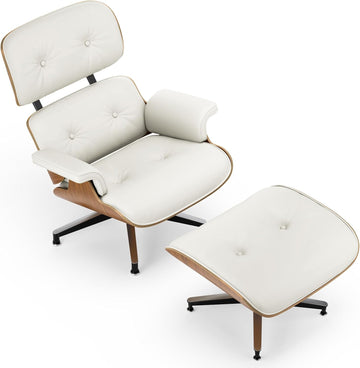 Mid-Century Modern Lounge Chair & Ottoman — White Bonded Grain Leather, Walnut Base, Tall Back