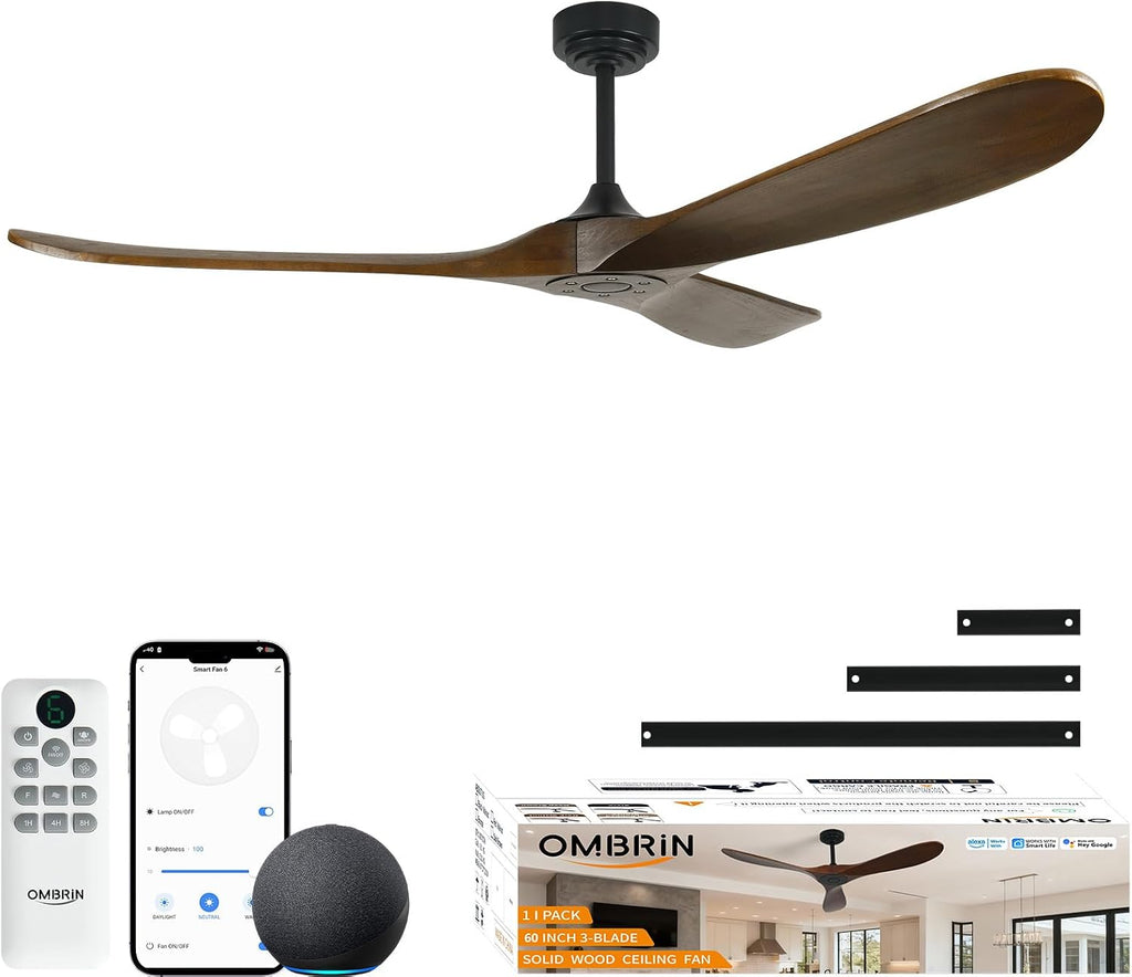 60" Wood Ceiling Fan no Light, Smart Ceiling Fans without Lights with Alexa Google App
