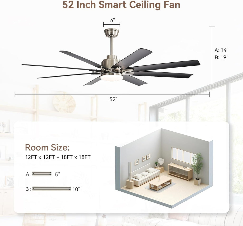Smart Ceiling Fans with Lights, 52'' Ceiling Fan with Light and Remote, Work with Alexa/Google