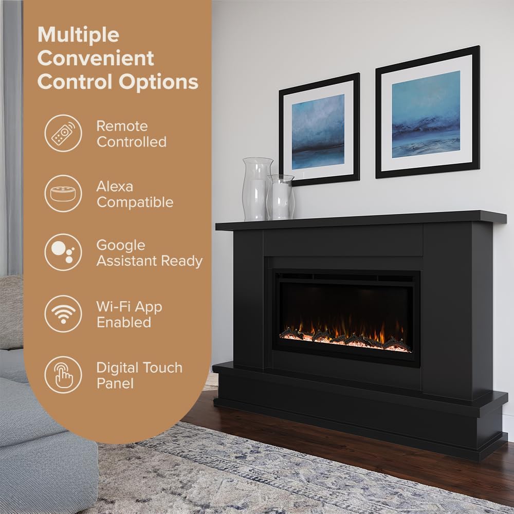 Black Mantel Package 64" W 42" H with 42 Inch Electric Fireplace - 5 Flame Colors, 10 Ember Bed Colors, Log