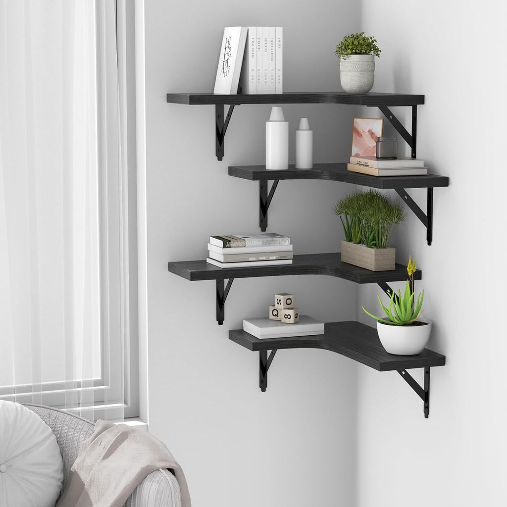 Corner Floating Shelves Wall Mounted Set of 4, Rustic Wood Storage Display Shelves Decor, Bathroom, Kitchen, Bedroom