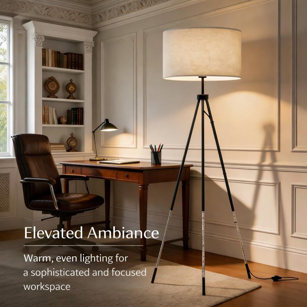 Tripod Floor Lamp with Remote Control, Stepless Dimmable Tall Floor Lamp with Fabric Shade