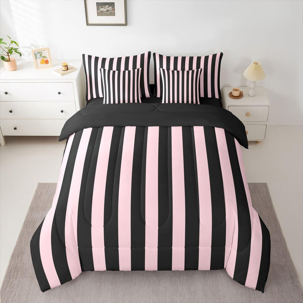 Pink and Black Striped Bedding Set Stripes Comforter Set
