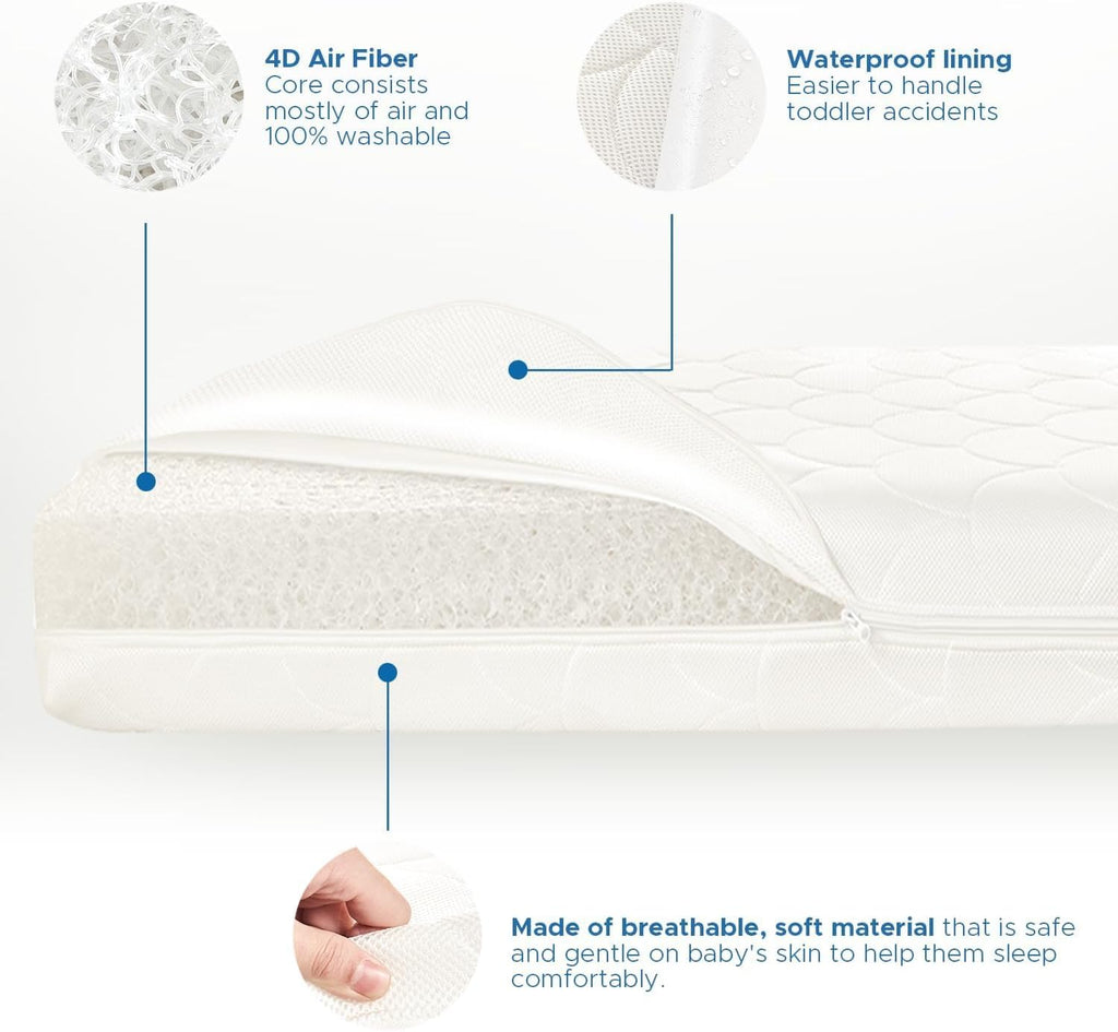 Crib Mattress, Dual-Sided Toddler and Baby Mattress with Washable Airfiber Insert and Removable Cover, 100%