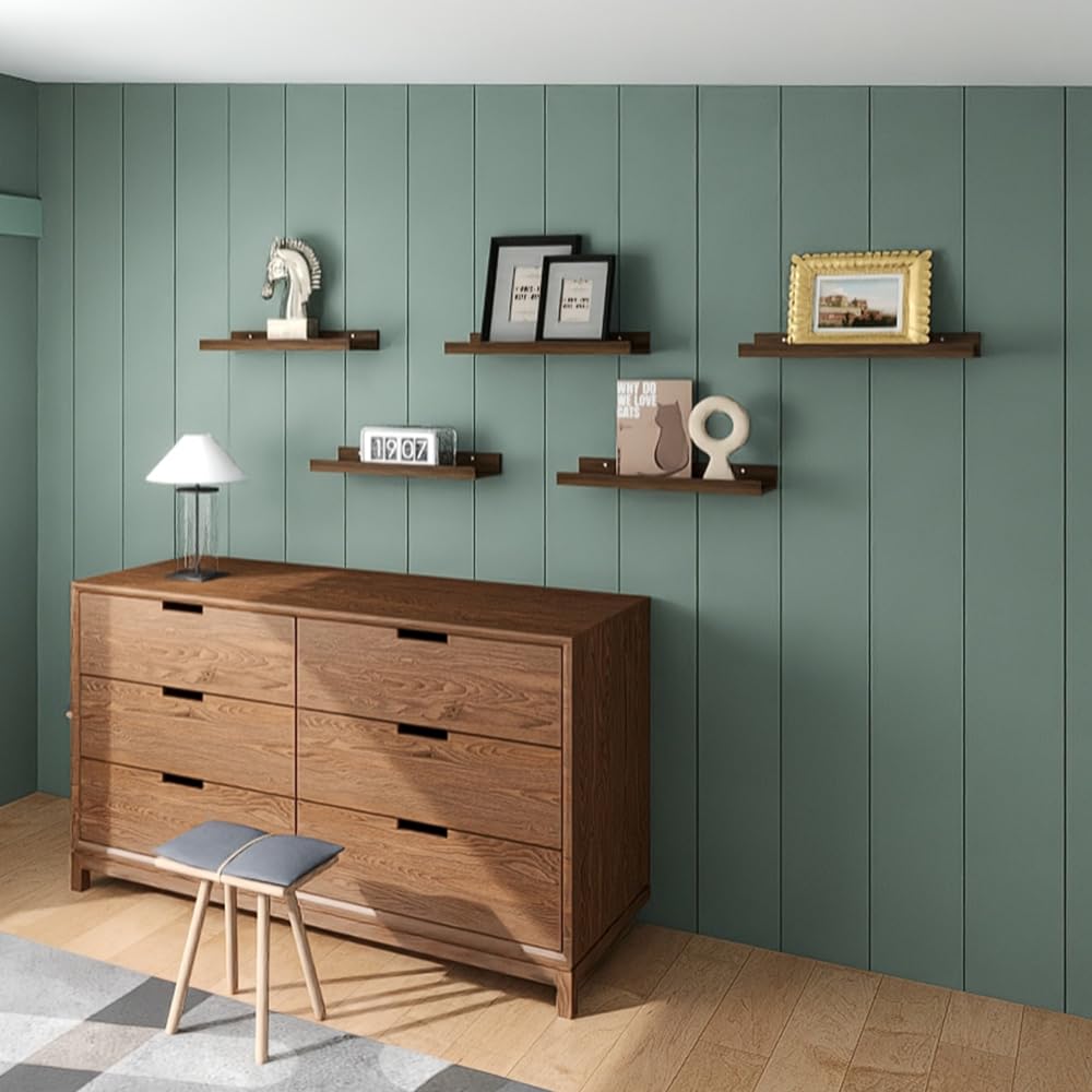 5-Set Floating Shelves with Lip, Walnut Wall Mounted Shelf