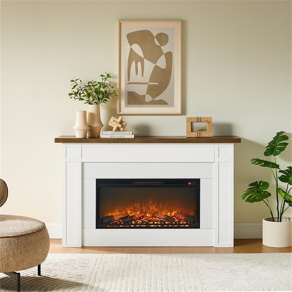 67.25" Freestanding Electric Fireplace with Wood Mantel, Realistic Flame and Log Display, Replaceable Heater Insert