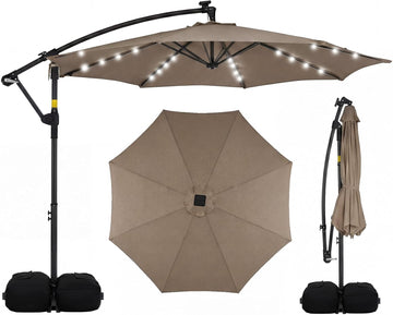 10ft Solar Patio Umbrella with Base Included, Offset Cantilever Outdoor Umbrella with 32 LED Lights