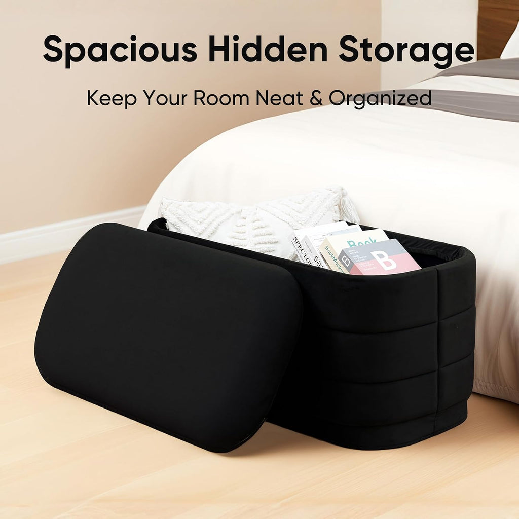 30" Velvet Storage Ottoman Bench with Wooden Tray Lid, Folding Large Upholstered Ottoman Footstool , Rectangular