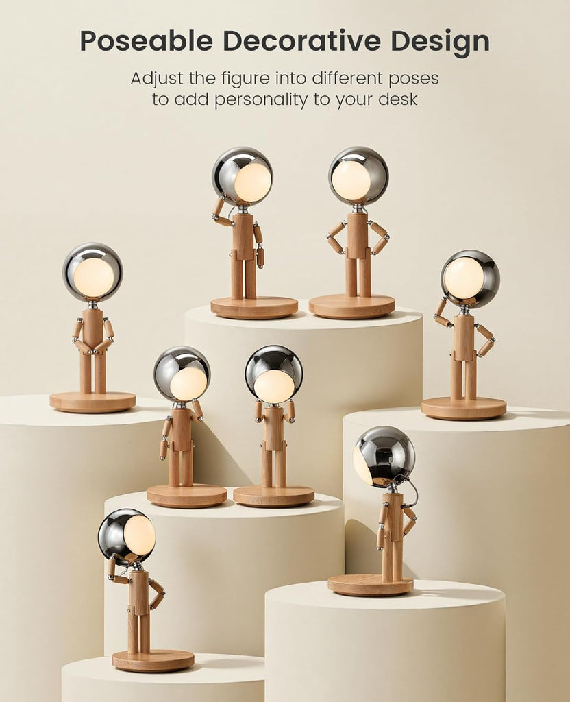 Rechargeable Cordless Desk Lamp, Creative Wooden Table Lamp with 3 Color &Stepless Dimming, Adjustable Pause Moon Lamp
