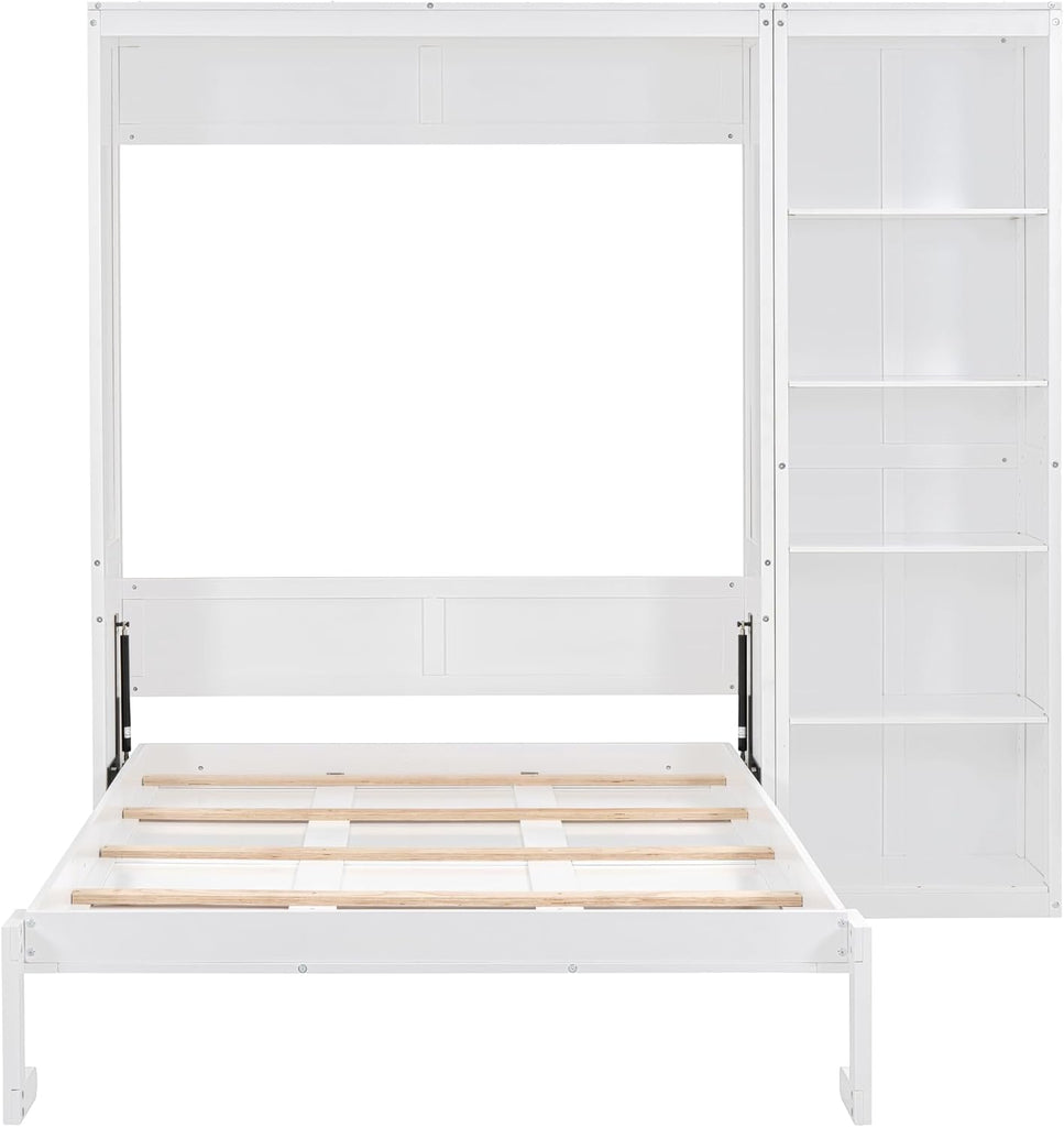 Murphy Bed with Shelves, Versatile Wall Bed, Foldable Murphy Cabinet, Full, White