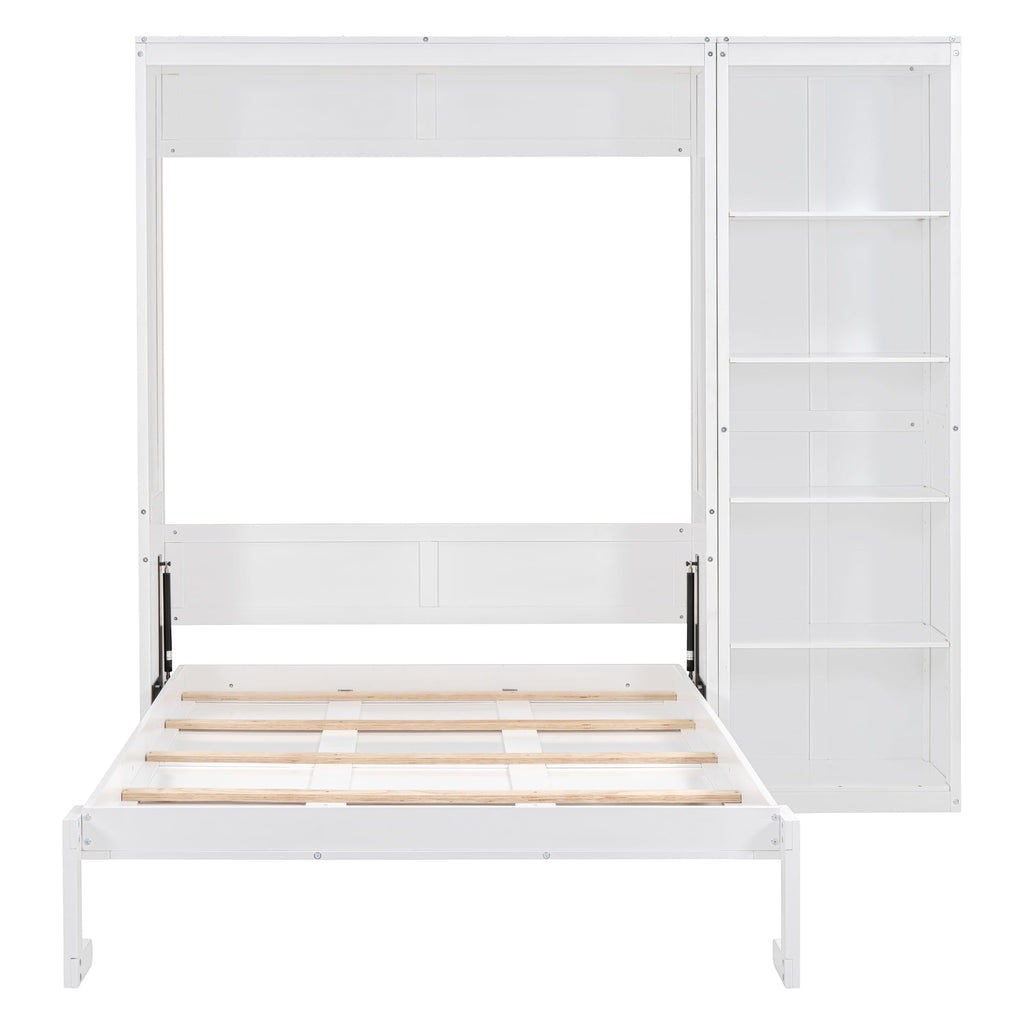 Space-Saving White Murphy Bed Full Size with Adjustable Storage Shelves, Multifunctional Foldable Wall Bed for Small