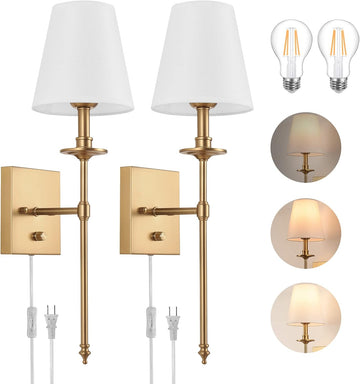 Dimmable Wall Sconces Set of Two, Plug in Wall Sconces White Fabric Shade, Wall Lamp for Bedroom, Living room, Plug