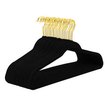 Black Velvet Hangers, Premium Gold Finish, Non-Slip Felt, Heavy Duty, Durable Suit Hangers, Space Saving - 60 Pack