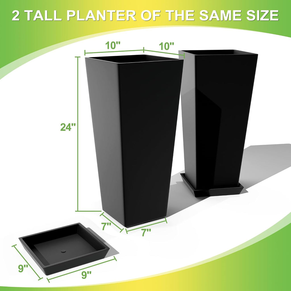 24-Inch Tall Planters for Outdoor Plants, Set of 2, Black | Square tapered planters with drainage trays for front