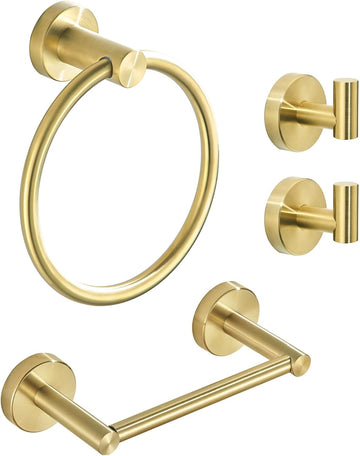 Gold Bathroom Hardware Set, Brushed Gold Toilet Paper Holder Towel Ring 2 Robe Hooks Wall Mount Hand Towel Holder