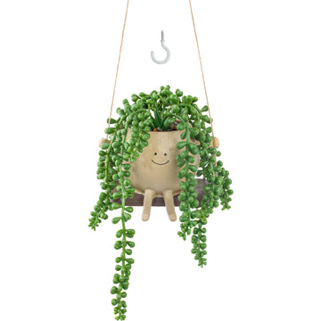 Artificial Hanging String of Pearls Succulent in Cute Smiley Face Swing Planter, Fake Trailing Succulent Plant for