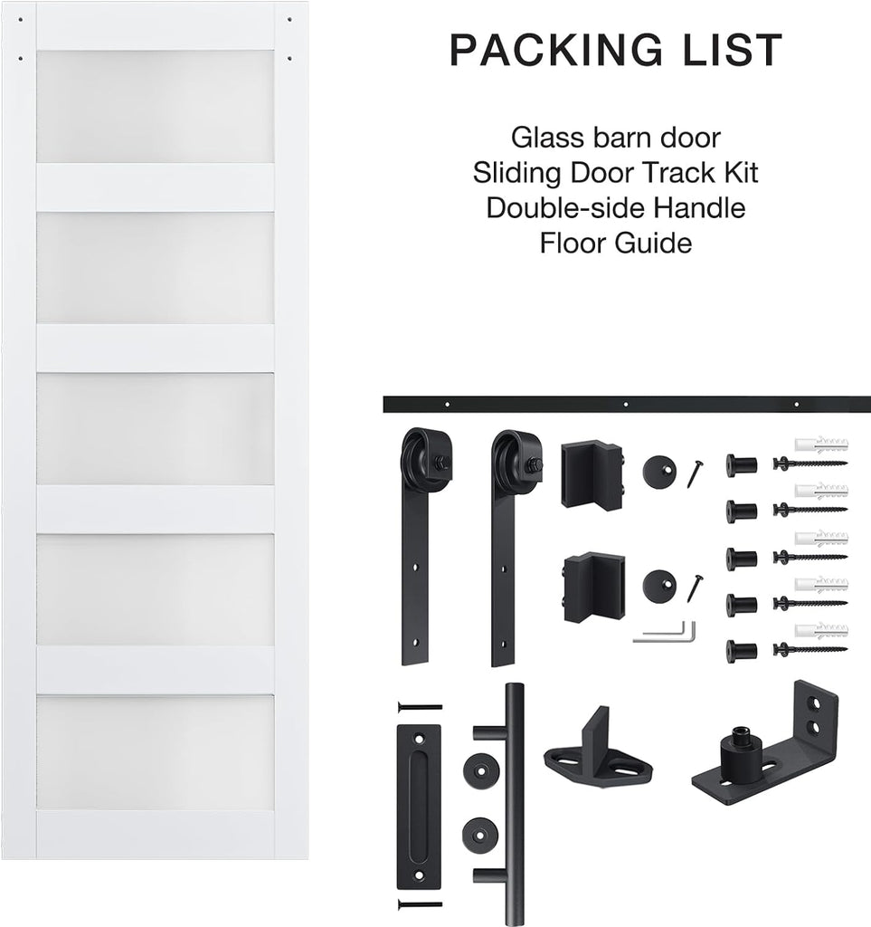 32in x 84in 5-Panel Sliding Glass Barn Door with 6ft Hardware Kit Included, Easy Assembly with Pre-D