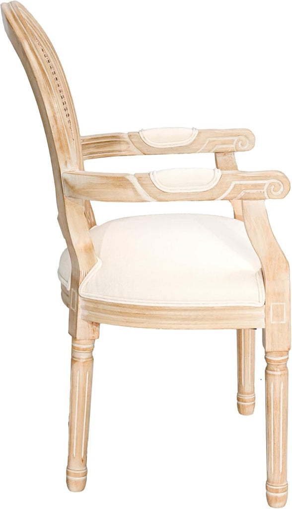 French Vintage Dining Armchairs Set of 2, Upholstered Fabric Chairs with Rattan Cane Back and Solid Wood Frame, French Country Style for Dining Room or Kitchen, Beige