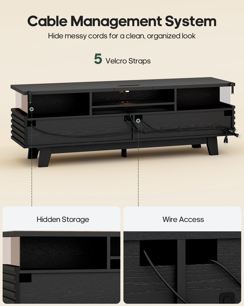 TV Stand with Cable Management, LED, Power Station (Black, 59")