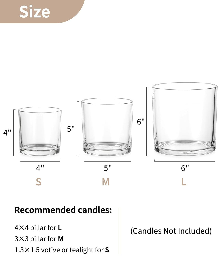 Thick Glass Hurricane Pillar Candle Holders, Set of 3 | Heavy Clear Walls, Wide Low-Profile Cylinders for Easy Use, 3