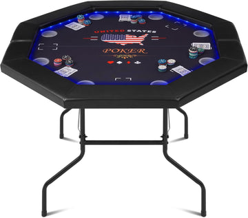 Foldable Poker Table with LED Lights, Octagon Casino Leisure Texas Holdem Table for 8 Player, Folding Blackjack Table
