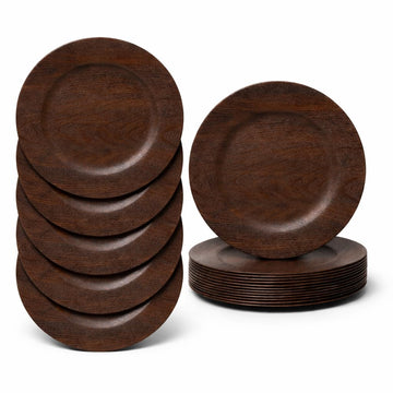 25PCS 13in Charger Plates Bulk- Faux Wood Chargers for Dinner Plates- Brown Round Plastic Plate Chargers- Farmhouse