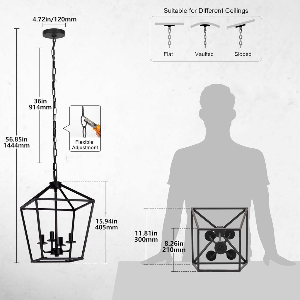 4 Light Chandelier, Industrial Ceiling Light Black Lantern Light Fixtures with Farmhouse Metal Cage Adjustable Height