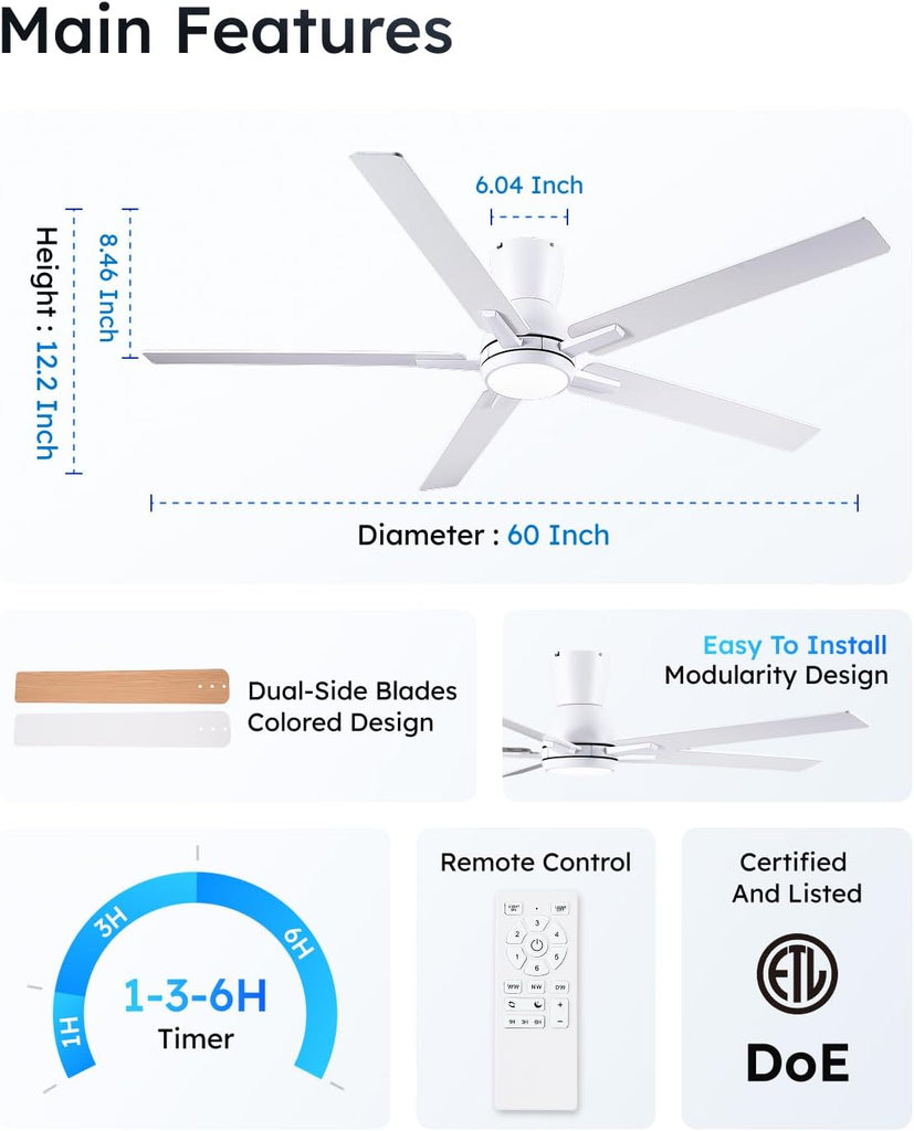 60 Inch White Flush Mount Ceiling Fans with Lights and Remote, White Low Profile Ceiling Fan