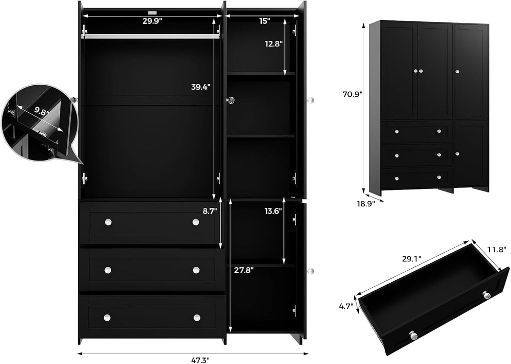 71" Armoire Wardrobe Closet with 3 Drawers and Mirror | Clothing Storage Cabinet with Hanging Rod, 4 Doors Wooden