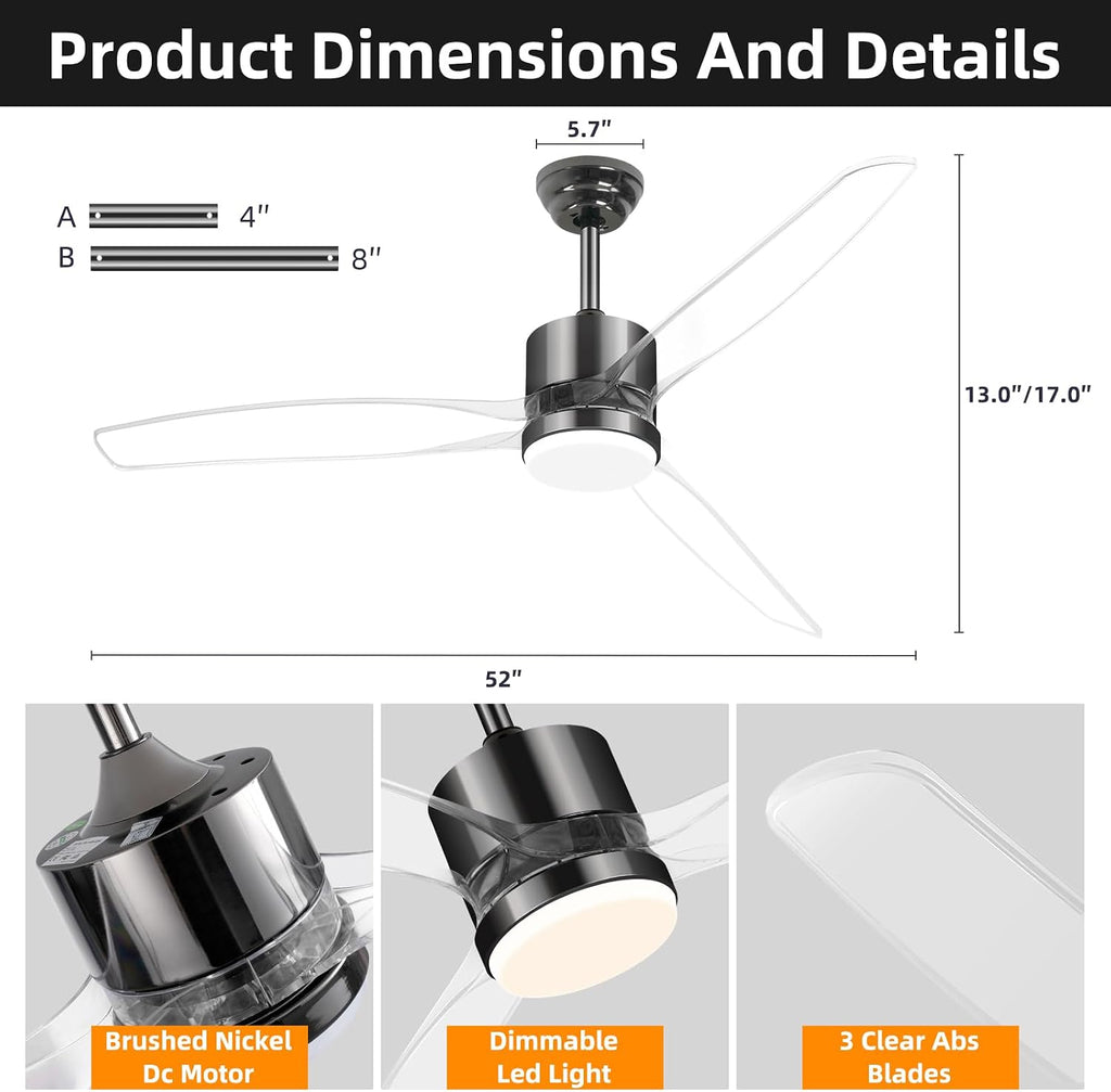 52" Smart Ceiling Fan with Light, WiFi Enabled for Alexa & App Control