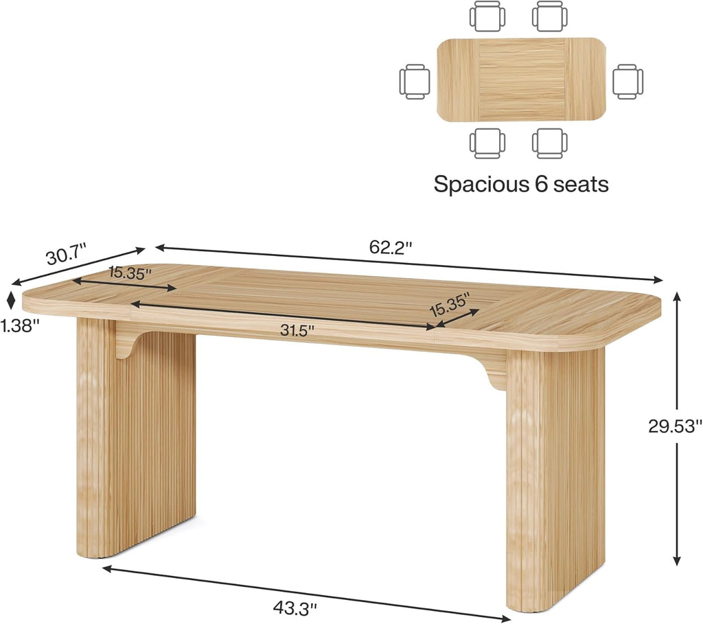 Modern Dining Table for 6 People, 62-Inch Natural Wood Kitchen Table with Double Robust Pedestal, Long Rectangle