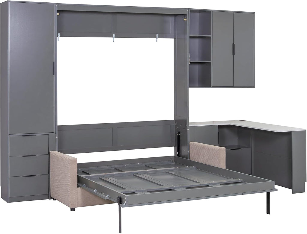 Wall Murphy Bed Queen with Drawers, LED Lights, Desk, USB Ports and Green Sofa for Bedroom, Black