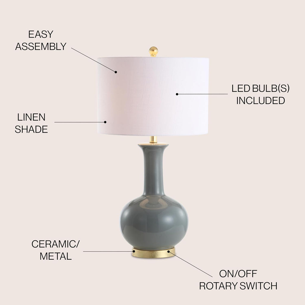 27" Gray/Brass Ceramic Table Lamp Bedroom, Modern Transitional Nightstand Lamp with White Linen Drum Shade