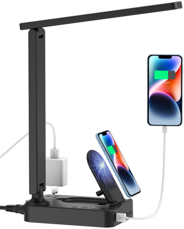 LED Desk Lamp with Wireless Charger, Desk Table Light with USB Charging Port and 2 Outlets, 3 Lighting Modes, 3 Level