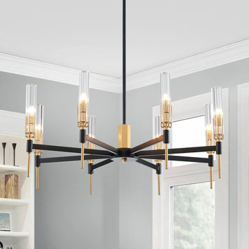 8 Light Farmhouse Chandelier Light Fixture, Modern Kitchen Island Pedant Light for Dining Room, Ripple Glass Shade, Black & Gold Metal Frame