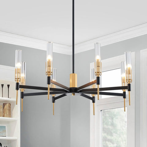 8 Light Farmhouse Chandelier Light Fixture, Modern Kitchen Island Pedant Light for Dining Room, Ripple Glass Shade, Black & Gold Metal Frame A100-B0BW12JC4F