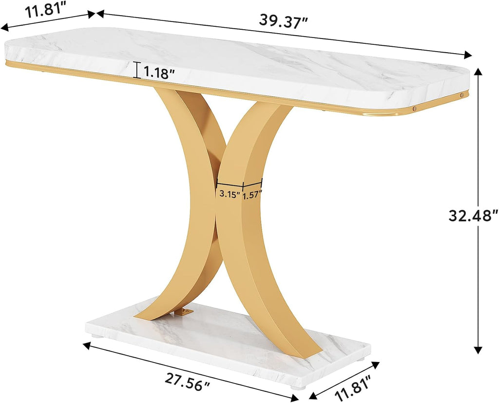 Modern Gold Console Table, 40 inch Narrow Entryway Foyer Table with Geometric Base, Rustic Hallway Accent Table
