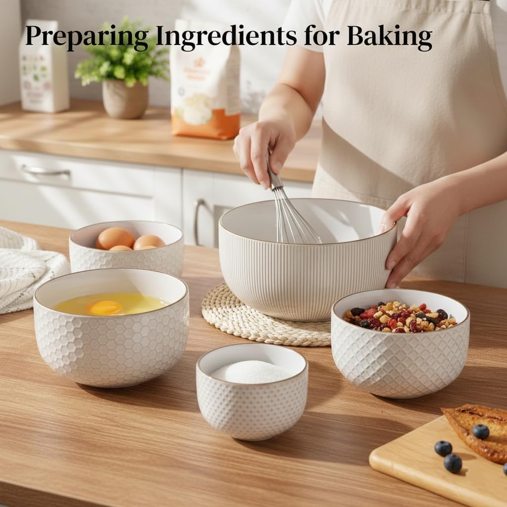 Ceramic Mixing Bowls Set of 4, Stoneware Nesting Serving Bowls | 150/105/45/20 oz For Prep, Baking, Serving, Gift
