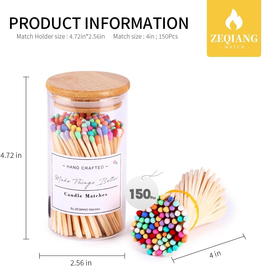 Rainbow matches Included (), Glass Match Holder with Striker, Glass Match Cloche with Striker, Match Bottle - Set of 150
