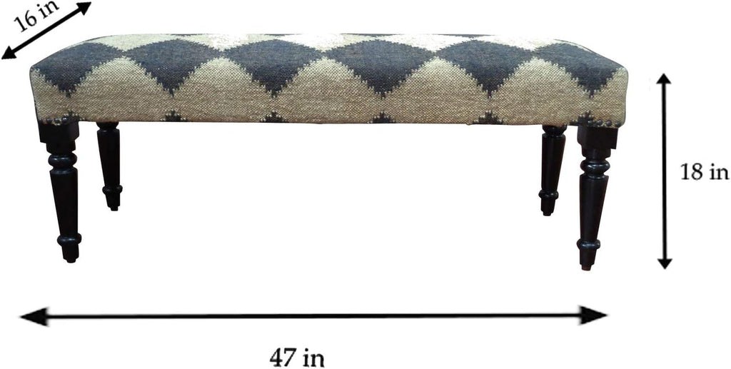 Tan/Black Upholstered Bench End of Bed | Farmhouse Checkered Accent Bench , or Entryway Seating | Long