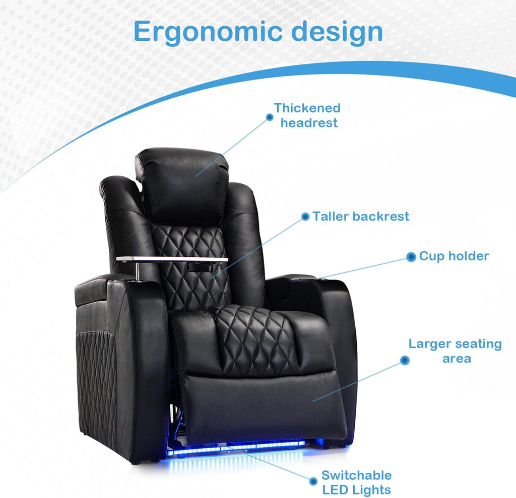 Home Theater Seating Top Grain Nappa Leather Recliner Chair Dual Power Movie Gaming Sofa Electric Headrest with Tray