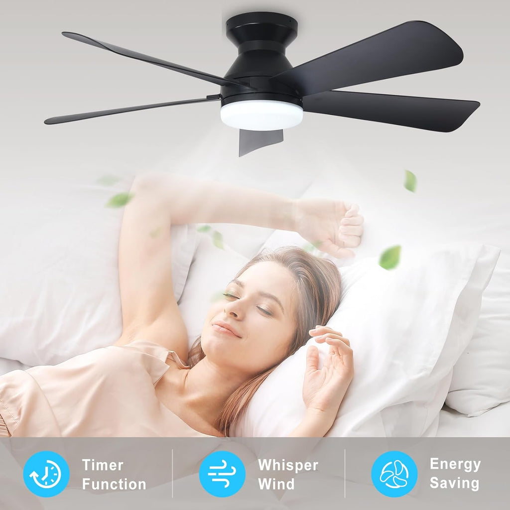 Modern Ceiling Fan with Light: 42-Inch Black Small Fans - Dimmable Low Profile Ceiling Fans with Remote Control Flush