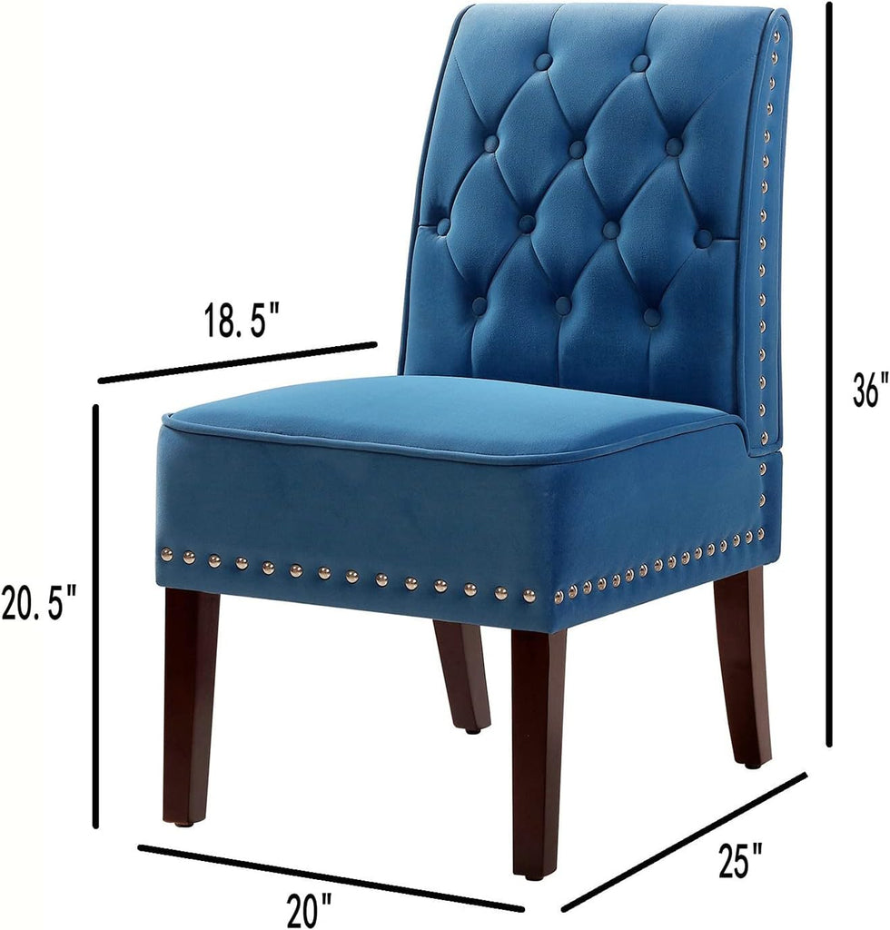 Blue Velvet Dining Chairs, DRM'SCUUM Comfy Dining Room Chairs, Soft Blue Velvet with Fabric Buttons and Nails