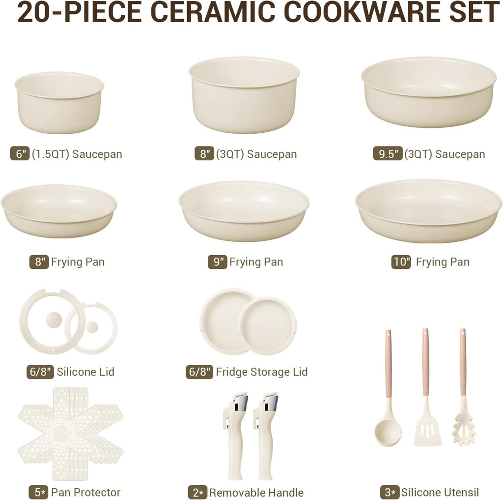 Pots and Pans Set Non Stick, Ceramic Cookware Set with Removable Handles, Stackable Space Saving Kitchen Set