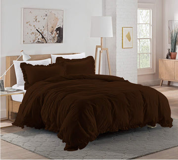 3 Pieces Ruffle Duvet Cover Set with Zipper Closure, 100% Egyptian Cotton 1000 Thread Count (Super King, Chocolate)